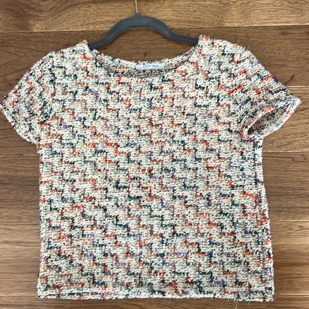 Zara size small tweed short sleeve top cream orange purple